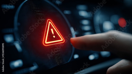hand tapping red warning triangle icon on digital dashboard --ar 16:9 --v 7 Job ID: f317f200-8196-4d94-b0cb-faa698c5482c