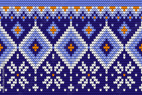 White flowers with gradient squares, blue background blends perfectly through the weave, seamless.