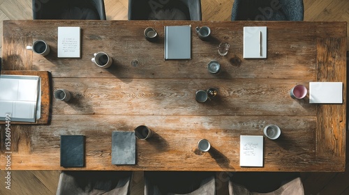 high-angle shot of meeting table with notepads and coffee mugs --ar 16:9 --v 7 Job ID: aa58217c-d6c2-444a-a60f-45c690794309