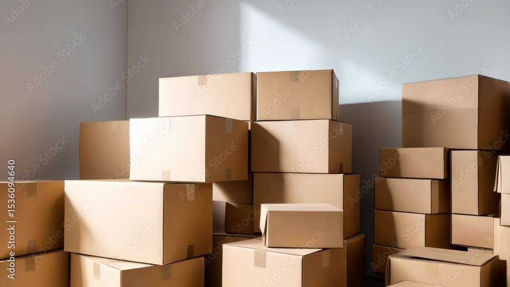 Studio shot of a high stack of closed brown cardboard boxes in a storage room, moving or relocation concept, organized shipping packages indoors. Studio shot of a high stack of closed brown cardboard boxes in a storage room, moving or relocation concept, organized shipping packages indoors.