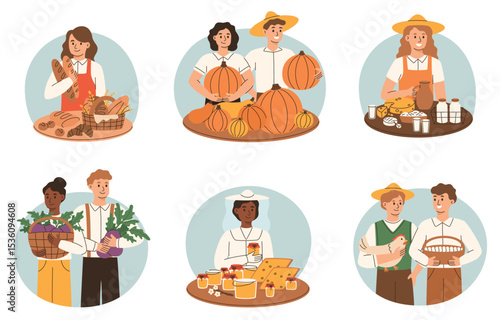 Farmers selling food at the local market. Agricultural traders selling honey, vegetables, dairy products, bakery. Farm organic products. Flat vector illustration.
