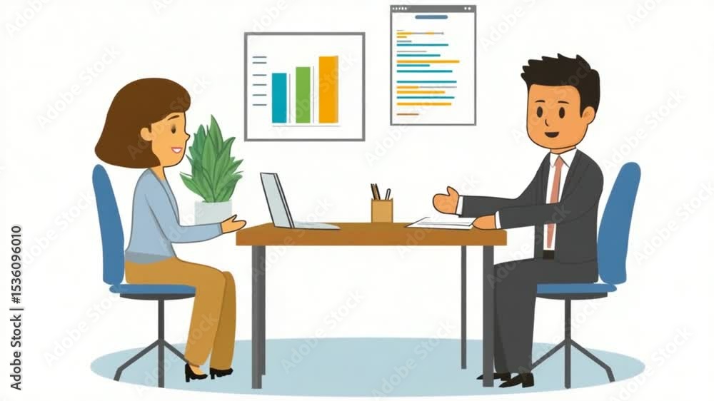 Animated Business Meeting: Professional Man and Woman Discussing Strategy in Office Setting Animated Business Meeting: Professional Man and Woman Discussing Strategy in Office Setting