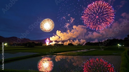Large colorful fireworks reflecting on rice paddies in rural Japan, a peaceful and scenic summer night in the countryside with traditional landscape