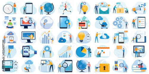 set vector illustration design concept. business cartoon character working activity. social network, and online video meetings. Artificial Intelligence. development team working. financial investment.