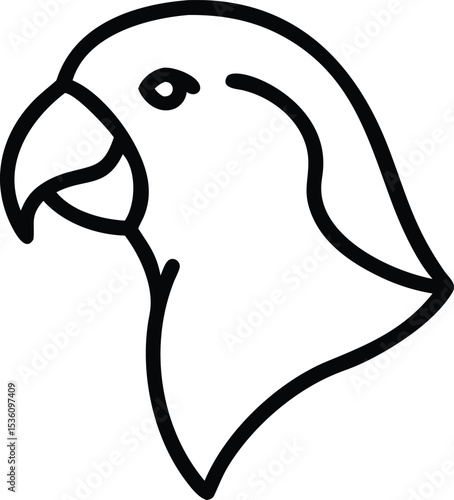 Simple outline shows an exotic bird with curved beak looking left