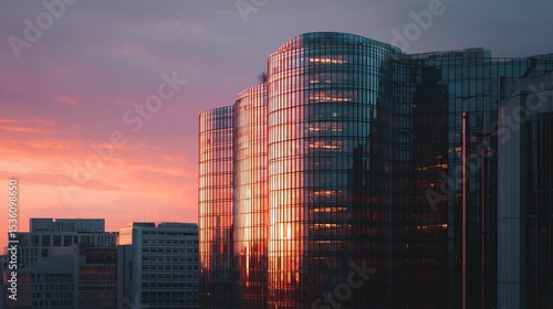Stunning Sunset Reflection Modern Glass Skyscraper Building Cityscape Architecture Urban Evening Twilight Dramatic Orange Pink Sky Corporate Business Office Tower Exterior view    