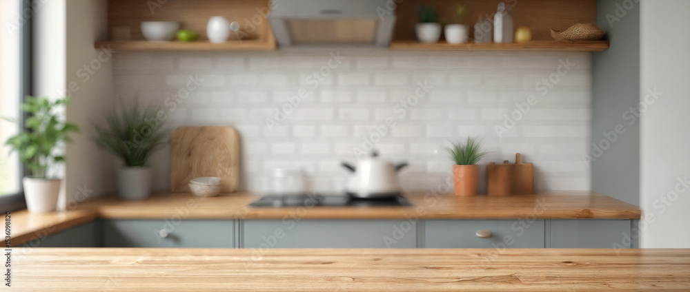 Modern kitchen interior, empty wooden countertop, blurred background, product display, clean design, home cooking space, neutral colors, natural light, contemporary household presentation Modern kitchen interior, empty wooden countertop, blurred background, product display, clean design, home cooking space, neutral colors, natural light, contemporary household presentation