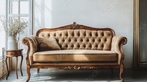 Elegant antique loveseat in sunlit room.