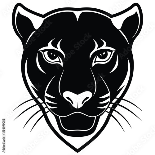 Striking stylized panther visage displays captivating eyes and fierce whiskers in monochrome format