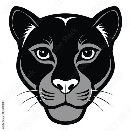A fierce black panther with gray accents and white whiskers stares intently forward