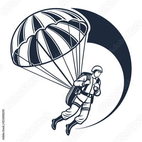Monoline Style Detailed Parachutist Illustration with Parachute and Circular Element Icon