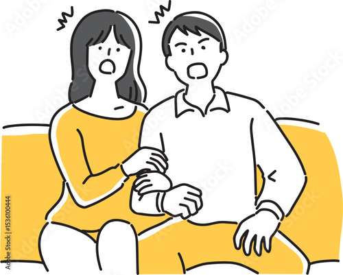 腕を組みながら驚くカップル
