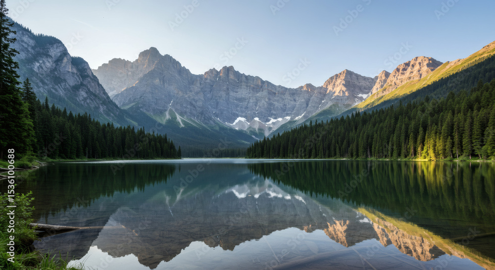 Fototapeta premium Serene Mountain Lake Reflection Majestic Peaks and Lush Forest