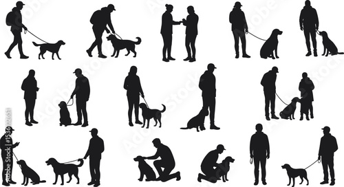 Silhouettes of people walking, training, petting, interacting with dogs, outdoor activity, companionship, leash control, canine obedience, lifestyle bonding, pets and owners, black and white scene