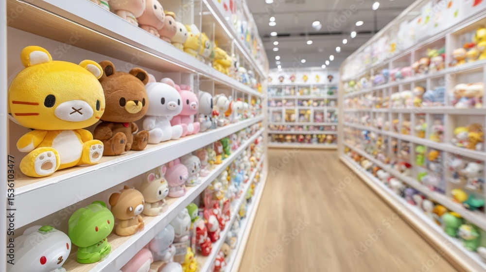 Fototapeta premium A vibrant toy store aisle filled with colorful plush toys, creating a whimsical atmosphere for children and collectors alike.