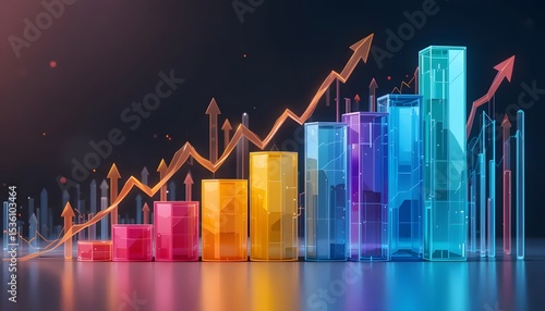 Colorful transparent bar graph with upward trending arrow on reflective surface