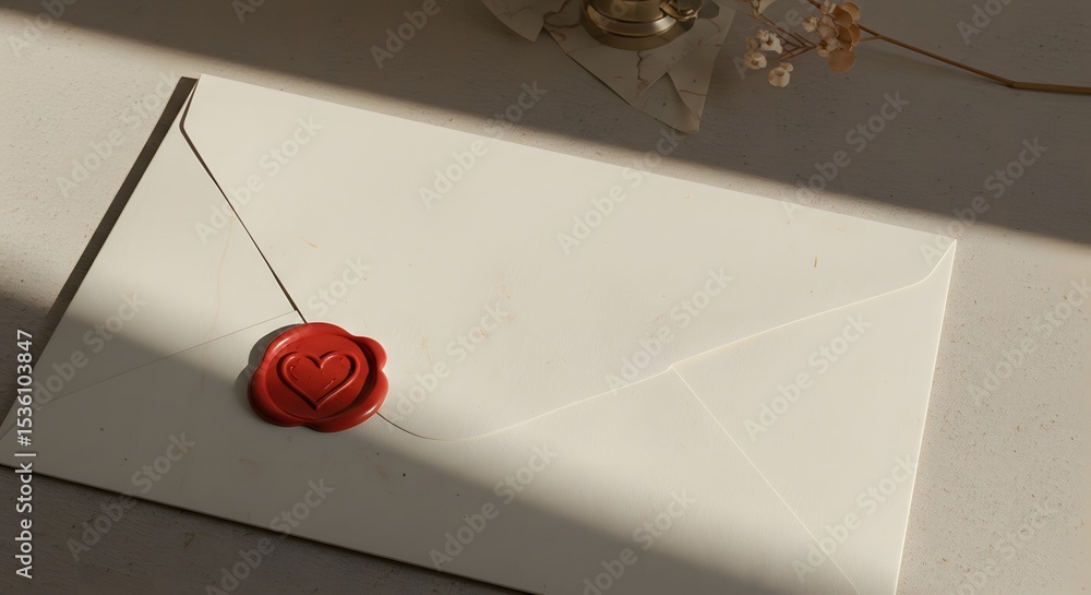 Fototapeta premium Elegant White Envelope Sealed with Red Heart Wax Seal A Symbol of Love and Romance
