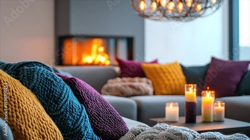 Cozy living room with fireplace and warm lighting.  Soft throws and colorful pillows create a welcoming ambiance