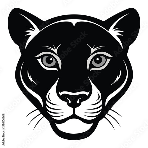 Sleek black panther head stares intensely with striking grey eyes on a white background