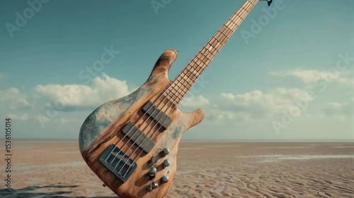 A bass guitar stands on a sandy beach under a blue sky with scattered clouds in the background scene view