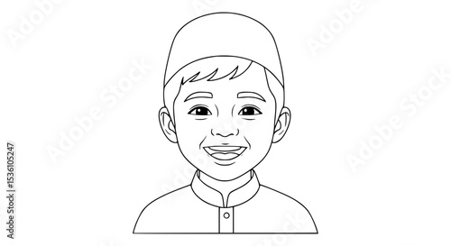 Joyful Young Boy in Traditional Muslim Cap and Clothing.