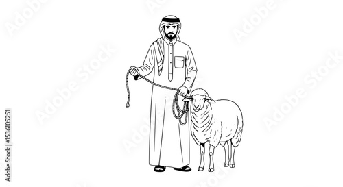 Line art of a man in traditional Arab clothing with a sheep.