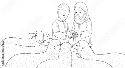 Muslim Children with Sheep Preparing for Eid alAdha in Black and White Line Art.