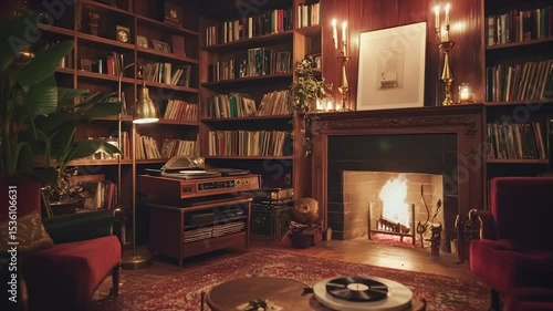 Cozy vintage listening room.  Warm fireplace, bookshelves, and vinyl player create a relaxing atmosphere