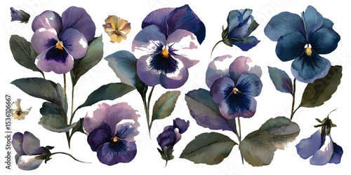 dark purple pansies isolated on white. Selection of various purple flowers isolated on transparent background
