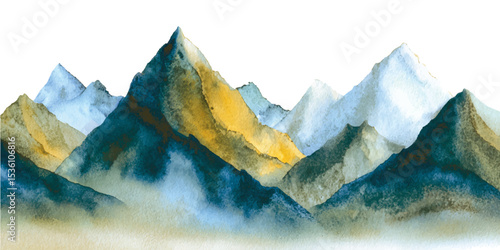 Snowy mountain peak illuminated by sunrise above the clouds. watercolor style mountains range, blue, pink and green colors on white and transparent background	