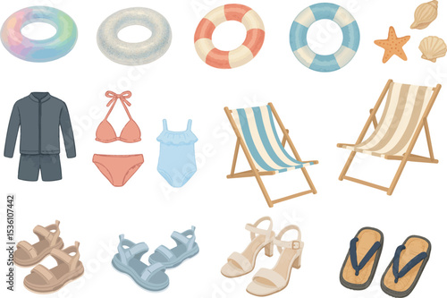 Beach and Poolside Summer Gear Illustration Set – Swimwear, Floats, Sandals, Chairs, and More