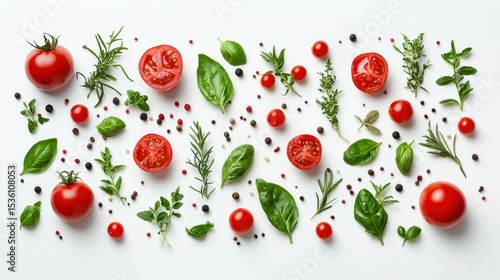 Fresh herbs and tomatoes arranged artfully on white background
