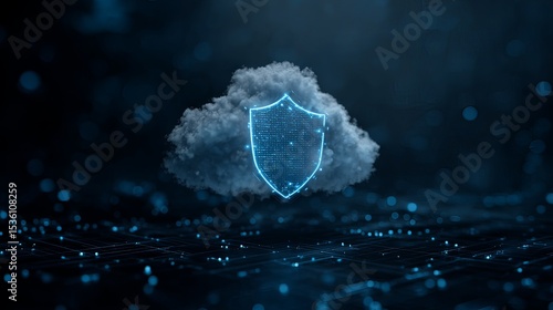 secure AI icon with shield, cloud computing, digital background.