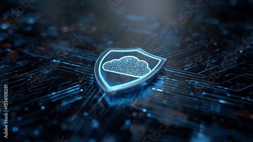 secure AI icon with shield, cloud computing, digital background.