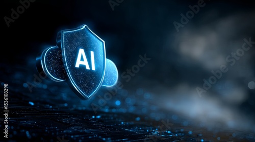 secure AI icon with shield, cloud computing, digital background.