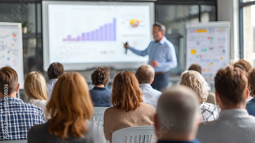 speaker presenting project plan with graph poster, indoor seminar