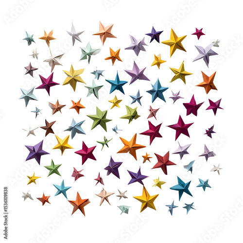 Vibrant scattered origami stars on black backdrop