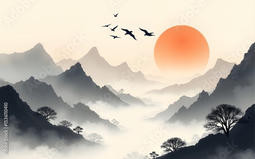 Misty mountains with gentle slopes and flock of birds in sunrise sky. Traditional oriental ink painting sumi-e, u-sin, go-hua. High quality