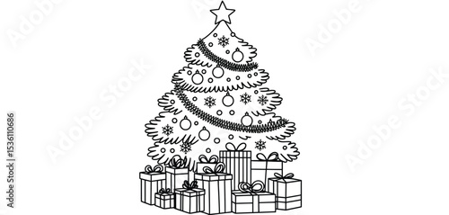 Christmas Tree with Presents Line Art Illustration