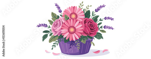 Beautiful Pink Gerbera Roses Lavender Flower Arrangement in Purple Pot
