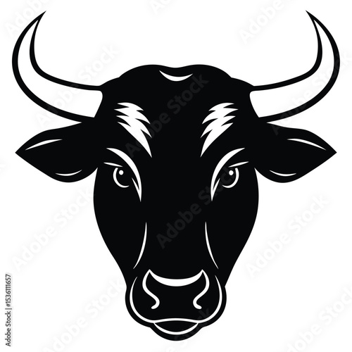 A formidable black bull head stares ahead, its sharp horns clearly defined with precision