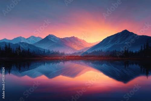 A serene mountain lake at sunrise, reflecting a vibrant sky.