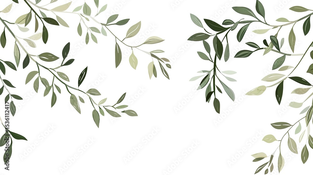 Fototapeta premium An olive branch adorned with lush green leaves is beautifully isolated on a clean white background, a symbol of peace and tranquility created by generative AI. The fresh and vibrant leaves enhance the