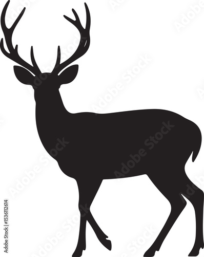 Graphic black silhouettes of wild deers – male, female and  roe deer