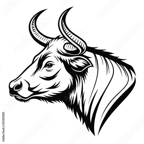 Strong bull head exhibits detailed fur and formidable horns in black silhouette