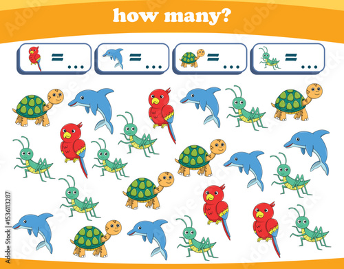 Counting game of wild animals for preschool kids. Printable. Vector Illustration