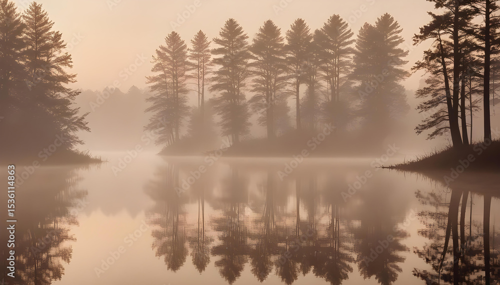 Fototapeta premium Serene lake with perfectly mirrored pine tree reflections shrouded in soft, ethereal morning fog. A tranquil scene symbolizing peace, solitude, or nature's quiet beauty.