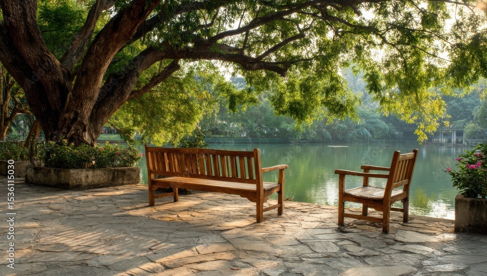 Wooden Bench and Chair Overlooking Serene Lake Under Lush Tree Canopy, Representing Peaceful Retirement and Outdoor Recreation : Generative AI Wooden Bench and Chair Overlooking Serene Lake Under Lush Tree Canopy, Representing Peaceful Retirement and Outdoor Recreation : Generative AI