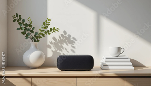 Wallpaper Mural Black Wireless Speaker on a Shelf in a Minimalist Living Room Torontodigital.ca
