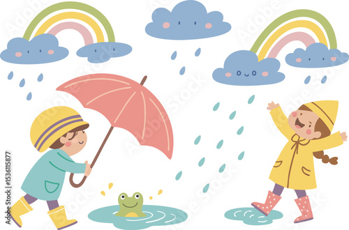 Monsoon and Rainy Season Scene illustration collection. Colorful Monsoon and Rainy Season Scene design set. Monsoon and Rainy Season Scene icons and elements. Monsoon and Rainy Season Scene themed